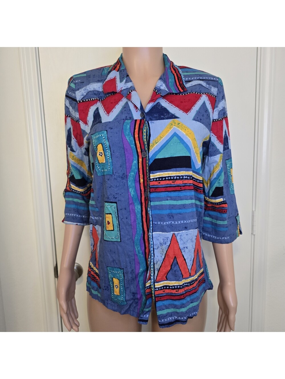 VTG Napa Valley Womens Shirt Sz S Funky Geometric Southwestern 90s Rayon Linen
